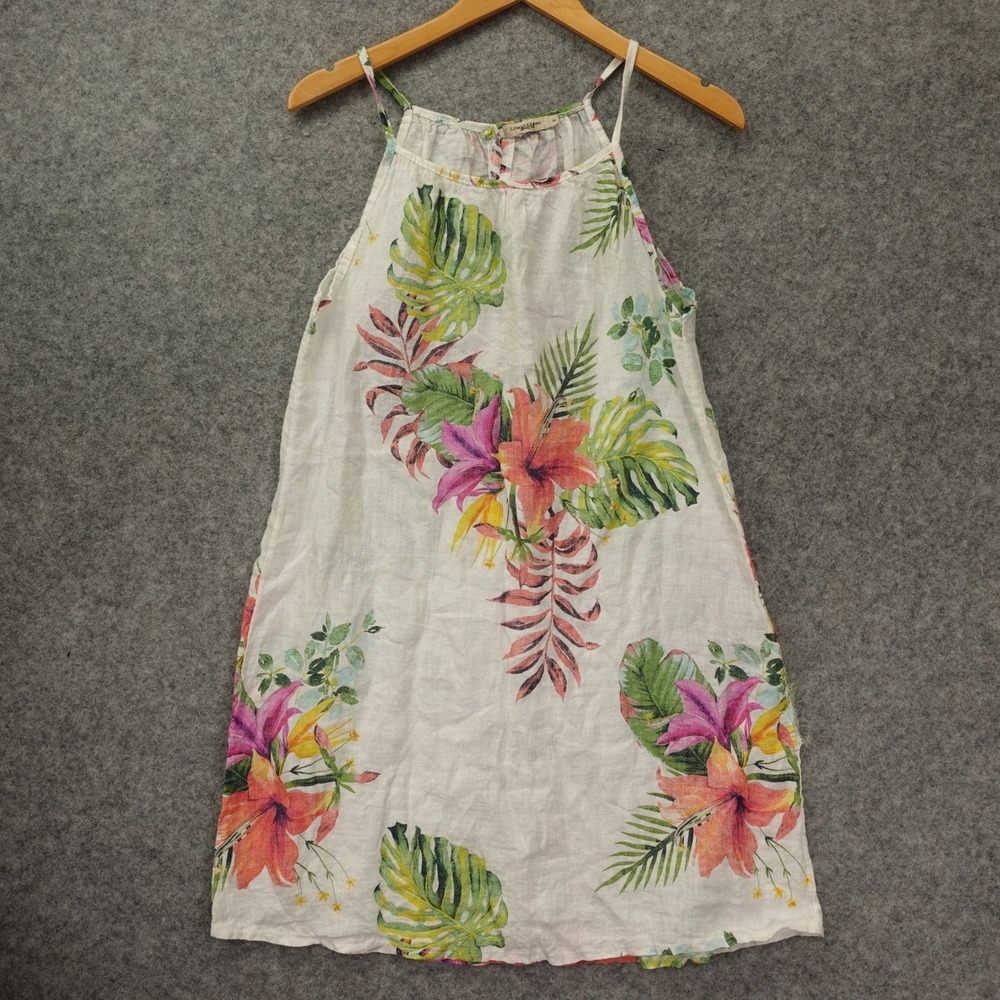 Lungo LArno Italian Linen Shift Dress S White Pink Tropical Resort Euro Summer